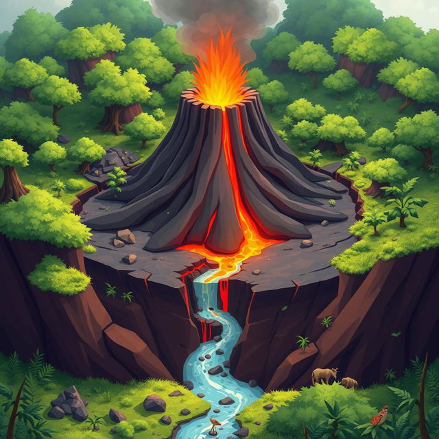 An animated illustration of a volcano forming through cracks in the earth's crust, surrounded by lush green vegetation