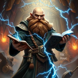 A powerful dwarven sorcerer, completely bald with a thick, brown braided beard, standing boldly while holding an open magic tome in one hand