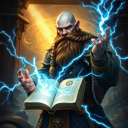 A powerful dwarven sorcerer, completely bald with a thick, brown braided beard, standing boldly while holding an open magic tome in one hand