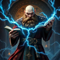 A powerful dwarven sorcerer, completely bald with a thick, brown braided beard, standing boldly while holding an open magic tome in one hand