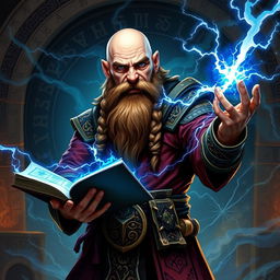 A powerful dwarven sorcerer, completely bald with a thick, brown braided beard, standing boldly while holding an open magic tome in one hand