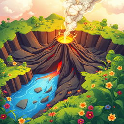An animated illustration of a volcano forming through fissures in the Earth's crust, surrounded by lush green vegetation