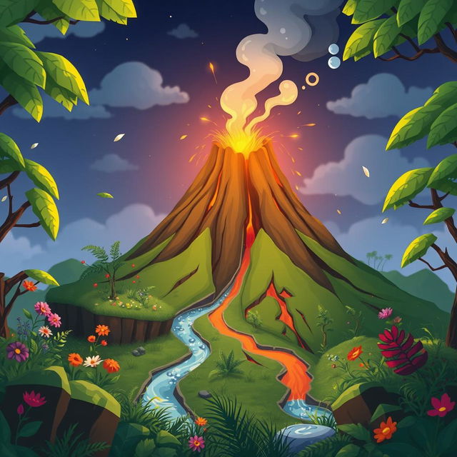 An animated illustration of a volcano forming through fissures in the Earth's crust, surrounded by lush green vegetation