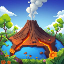 An animated illustration of a volcano forming through fissures in the Earth's crust, surrounded by lush green vegetation