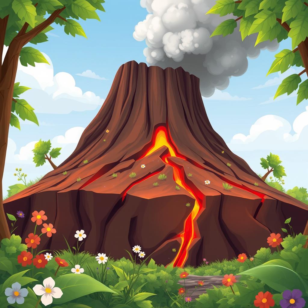 An animated illustration of a volcano forming through fissures in the Earth's crust, surrounded by lush green vegetation