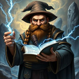 A formidable dwarven sorcerer, completely bald, wearing a classic brimless wizard hat, and boasting a thick, brown braided beard