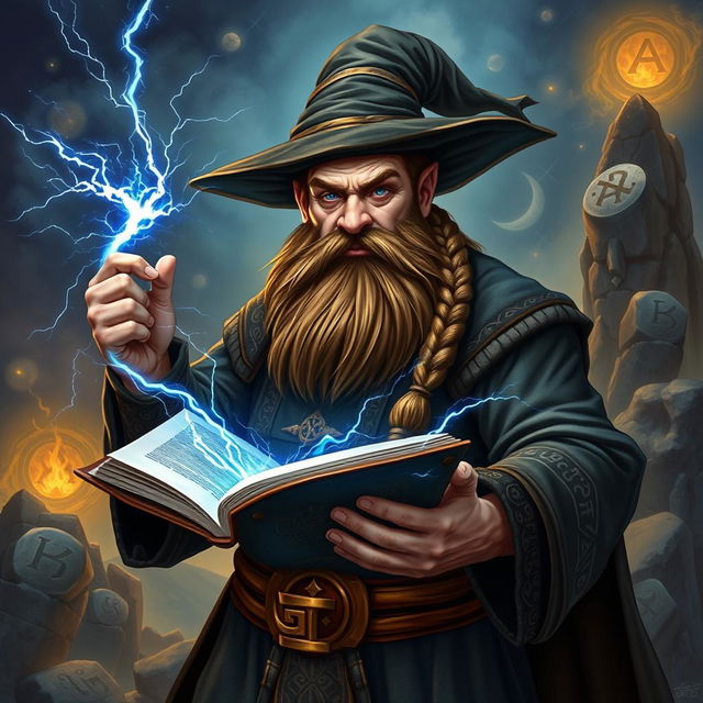 A formidable dwarven sorcerer, completely bald, wearing a classic brimless wizard hat, and boasting a thick, brown braided beard