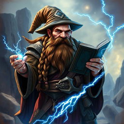 A formidable dwarven sorcerer, completely bald, wearing a classic brimless wizard hat, and boasting a thick, brown braided beard