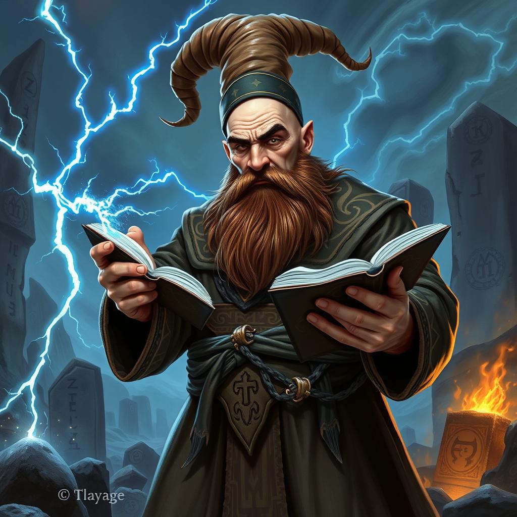 A formidable dwarven sorcerer, completely bald, wearing a classic brimless wizard hat, and boasting a thick, brown braided beard