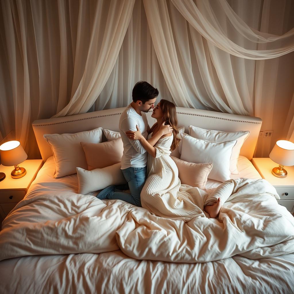 A serene and comfortable bedroom setup featuring a large, plush bed adorned with soft pillows in various shades of cream and pastel colors