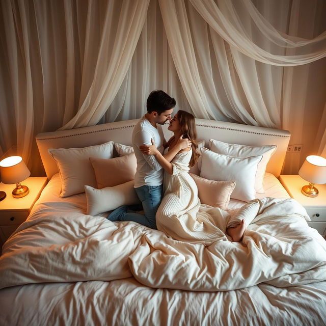 A serene and comfortable bedroom setup featuring a large, plush bed adorned with soft pillows in various shades of cream and pastel colors