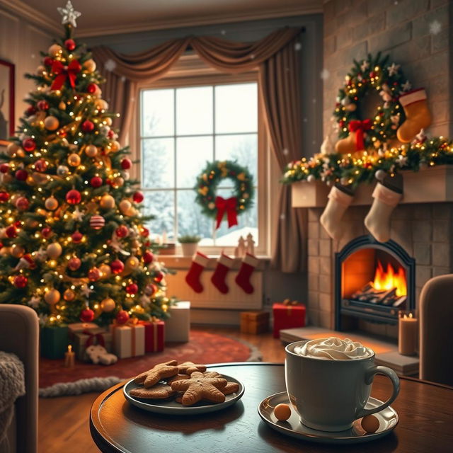 A cozy Christmas scene featuring a beautifully decorated living room with a large Christmas tree adorned with colorful ornaments and twinkling lights