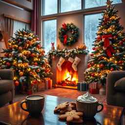 A cozy Christmas scene featuring a beautifully decorated living room with a large Christmas tree adorned with colorful ornaments and twinkling lights