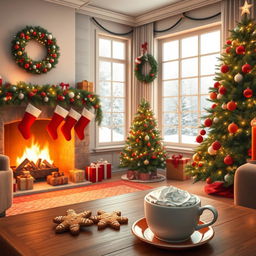 A cozy Christmas scene featuring a beautifully decorated living room with a large Christmas tree adorned with colorful ornaments and twinkling lights