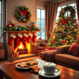 A cozy Christmas scene featuring a beautifully decorated living room with a large Christmas tree adorned with colorful ornaments and twinkling lights