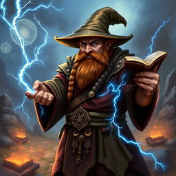 A robust dwarven sorcerer, completely bald and wearing a classic brimless wizard hat, with a thick, brown braided beard that emphasizes his strength and wisdom