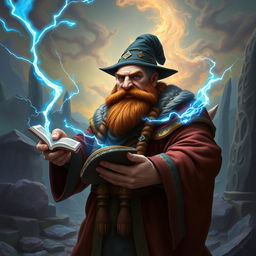 A robust dwarven sorcerer, completely bald and wearing a classic brimless wizard hat, with a thick, brown braided beard that emphasizes his strength and wisdom