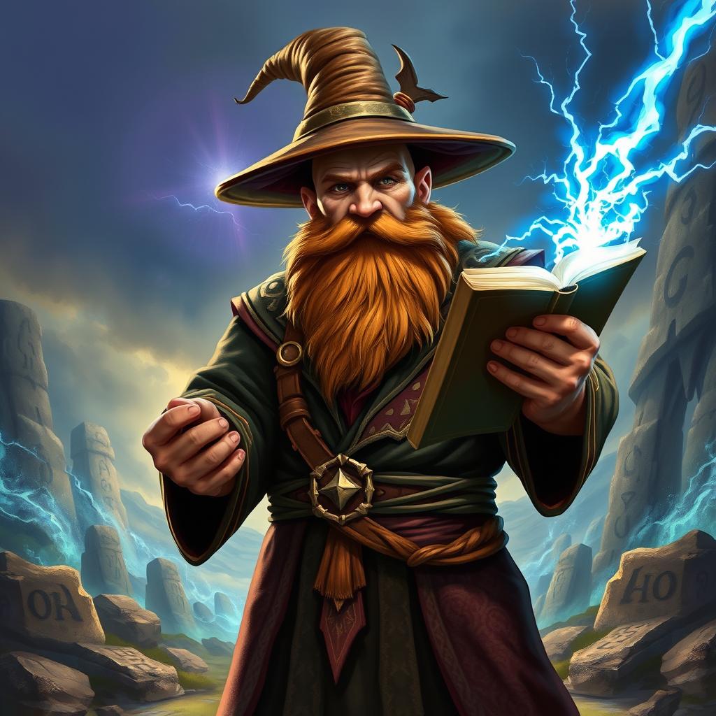 A robust dwarven sorcerer, completely bald and wearing a classic brimless wizard hat, with a thick, brown braided beard that emphasizes his strength and wisdom
