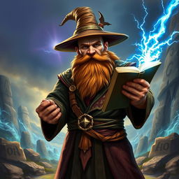 A robust dwarven sorcerer, completely bald and wearing a classic brimless wizard hat, with a thick, brown braided beard that emphasizes his strength and wisdom