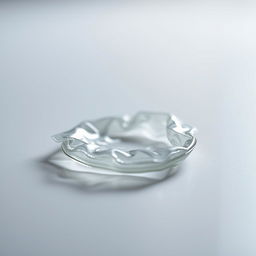A highly detailed close-up image of a transparent condom resting on a smooth surface, featuring subtle reflections and a soft, diffused lighting effect that highlights its texture and form