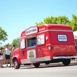 A cheerful red ice cream truck parked on a sunny street, featuring a large white ice cream board on the side displaying various ice cream flavors