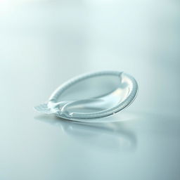 A highly detailed close-up image of a transparent condom resting on a smooth surface, featuring subtle reflections and a soft, diffused lighting effect that highlights its texture and form
