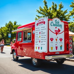 A cheerful red ice cream truck parked on a sunny street, featuring a large white ice cream board on the side displaying various ice cream flavors