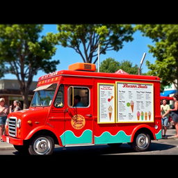 A cheerful red ice cream truck parked on a sunny street, featuring a large white ice cream board on the side displaying various ice cream flavors