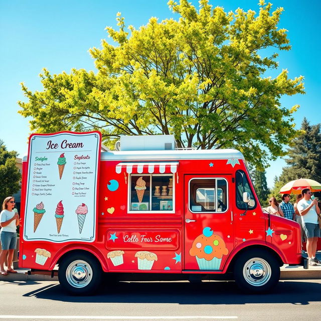 A cheerful red ice cream truck parked on a sunny street, featuring a large white ice cream board on the side displaying various ice cream flavors