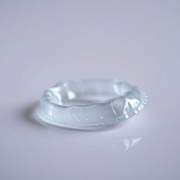A highly detailed close-up image of a transparent condom resting on a smooth surface, featuring subtle reflections and a soft, diffused lighting effect that highlights its texture and form