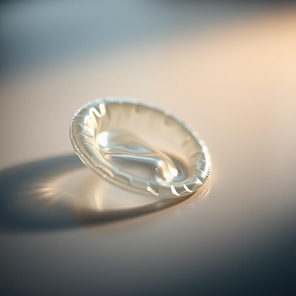 A highly detailed close-up image of a transparent condom resting on a smooth surface, featuring subtle reflections and a soft, diffused lighting effect that highlights its texture and form