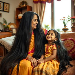 An Indian grandmother with stunning, 10-foot long silky hair is gently kissing her adorable granddaughter, who also has beautiful, 6-foot long black silky hair