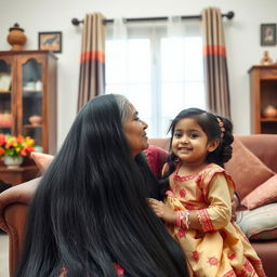 An Indian grandmother with stunning, 10-foot long silky hair is gently kissing her adorable granddaughter, who also has beautiful, 6-foot long black silky hair