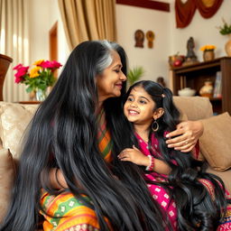 An Indian grandmother with stunning, 10-foot long silky hair is gently kissing her adorable granddaughter, who also has beautiful, 6-foot long black silky hair