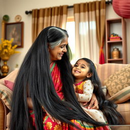 An Indian grandmother with stunning, 10-foot long silky hair is gently kissing her adorable granddaughter, who also has beautiful, 6-foot long black silky hair