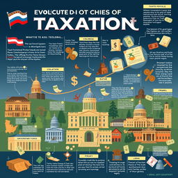 An informative and engaging visual representation of the evolution of taxation as a government mechanism to raise funds through history