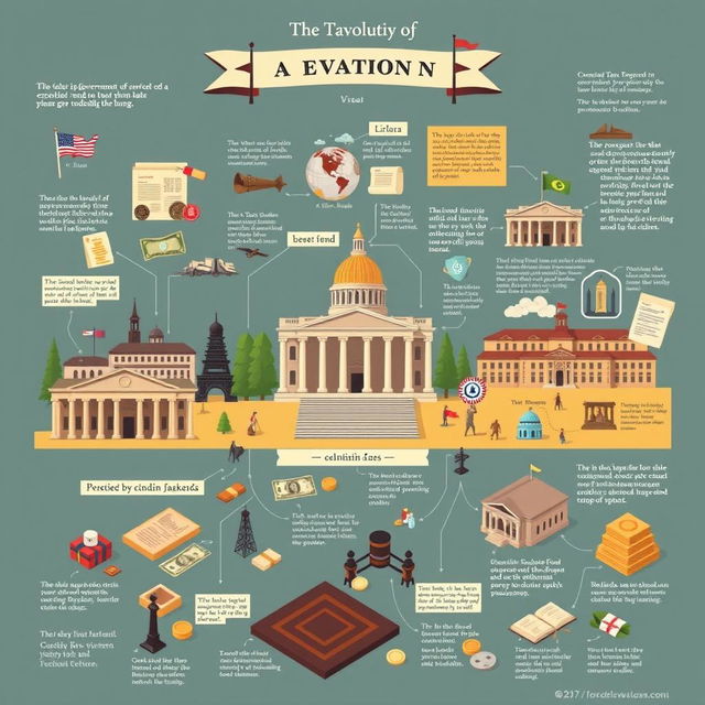 An informative and engaging visual representation of the evolution of taxation as a government mechanism to raise funds through history