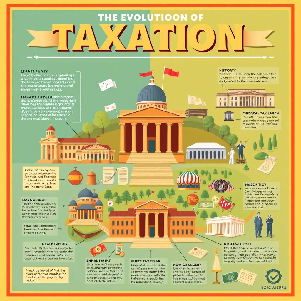 An informative and engaging visual representation of the evolution of taxation as a government mechanism to raise funds through history