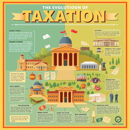 An informative and engaging visual representation of the evolution of taxation as a government mechanism to raise funds through history