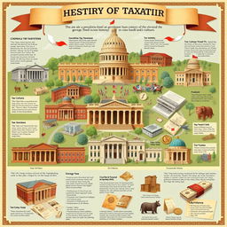 An informative and engaging visual representation of the evolution of taxation as a government mechanism to raise funds through history