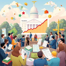 A detailed illustration of taxation concepts, featuring symbols like money, calculators, and tax forms, surrounded by diverse people engaged in discussions