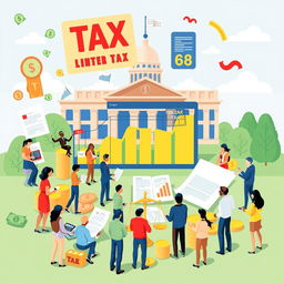 A detailed illustration of taxation concepts, featuring symbols like money, calculators, and tax forms, surrounded by diverse people engaged in discussions