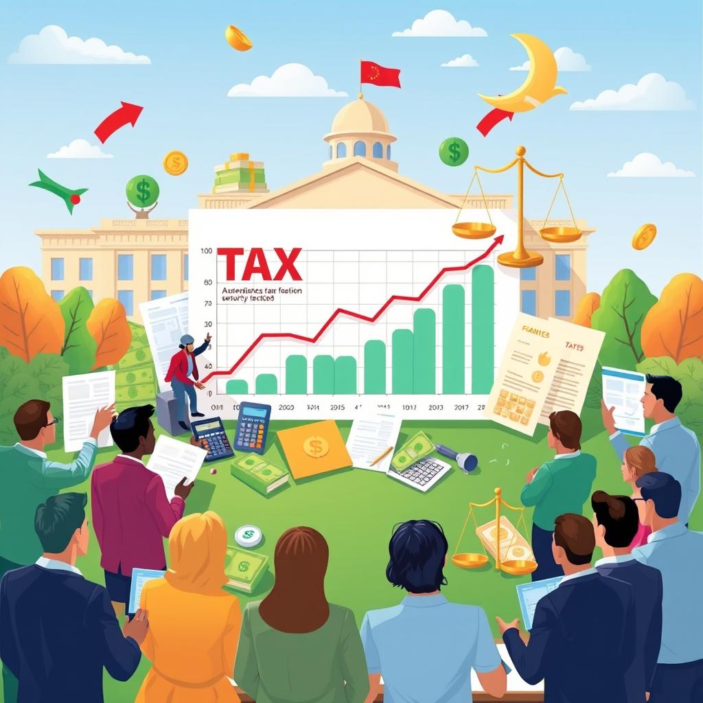 A detailed illustration of taxation concepts, featuring symbols like money, calculators, and tax forms, surrounded by diverse people engaged in discussions