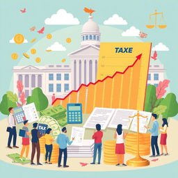 A detailed illustration of taxation concepts, featuring symbols like money, calculators, and tax forms, surrounded by diverse people engaged in discussions