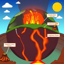 An animated depiction of the earth with visible underground fissures representing magma flow, illustrating how they lead to the formation of volcanoes