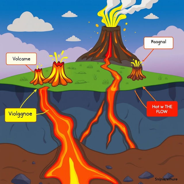 An animated depiction of the earth with visible underground fissures representing magma flow, illustrating how they lead to the formation of volcanoes