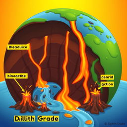 An animated depiction of the earth with visible underground fissures representing magma flow, illustrating how they lead to the formation of volcanoes
