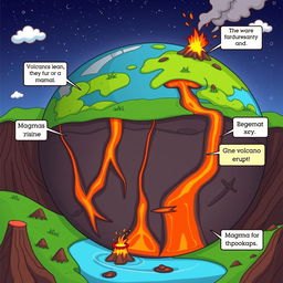 An animated depiction of the earth with visible underground fissures representing magma flow, illustrating how they lead to the formation of volcanoes