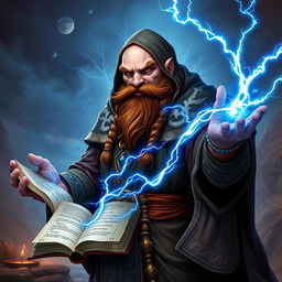 A robust dwarven sorcerer, completely bald and wearing a mystical cowl that enhances his formidable presence, with a thick, brown braided beard that adds to his character