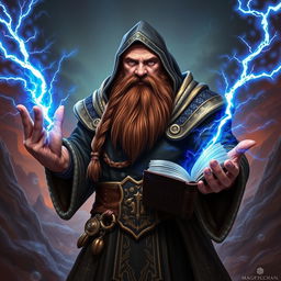 A robust dwarven sorcerer, completely bald and wearing a mystical cowl that enhances his formidable presence, with a thick, brown braided beard that adds to his character